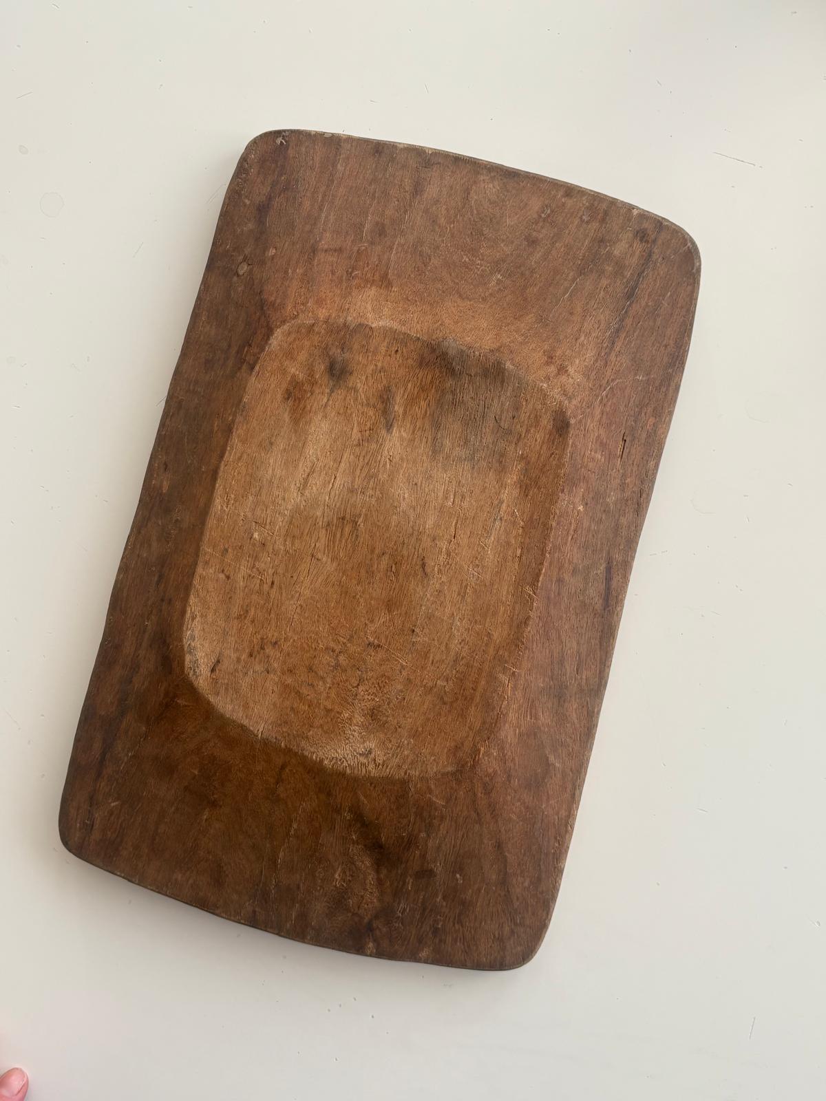 French Hand-Carved Wooden Dough Bowl, 13¾" Rectangular Trencher - Collector & Curator