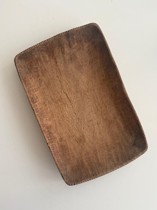 French Hand-Carved Wooden Dough Bowl, 13¾" Rectangular Trencher - Collector & Curator