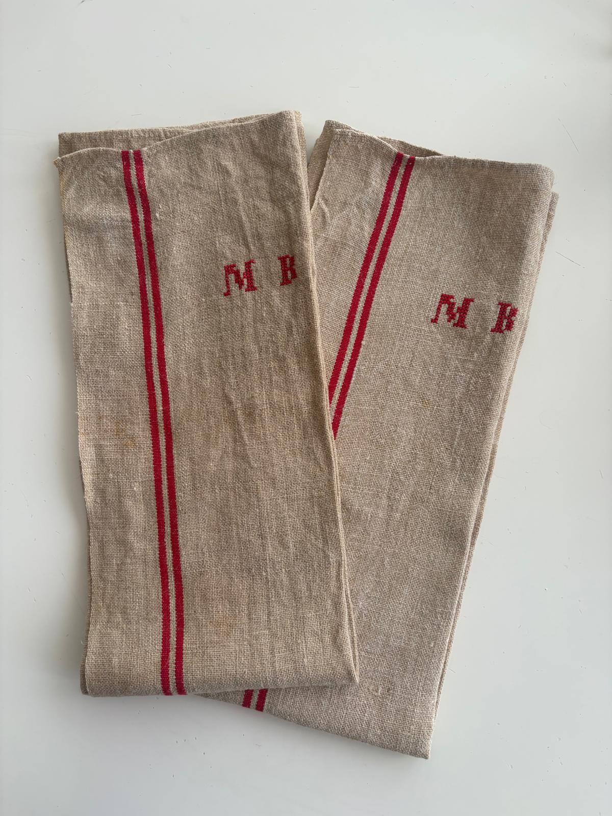 Pair of Antique French Linen Tea Towels with Red Stripes and “MB” Monogram - Collector & Curator
