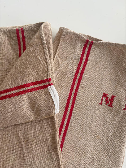 Pair of Antique French Linen Tea Towels with Red Stripes and “MB” Monogram - Collector & Curator