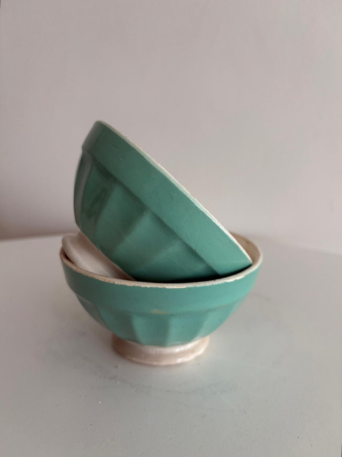 Vintage French Digoin Sarreguemines Mint Green Cafe au Lait Bowls Pair - Collector & Curator