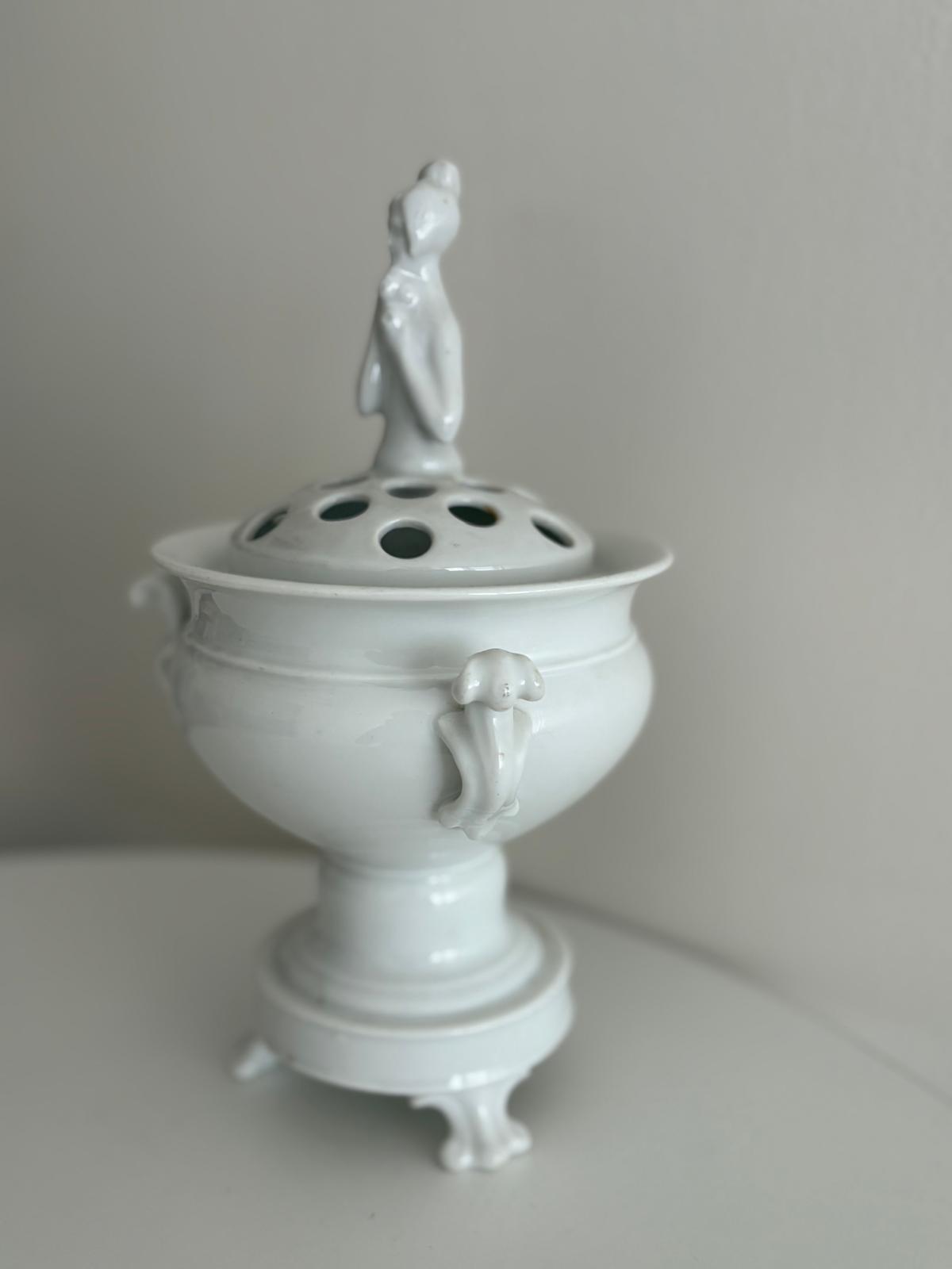 Vintage White Porcelain Potpourri Urn with Pierced Lid and Lady Finial - Collector & Curator