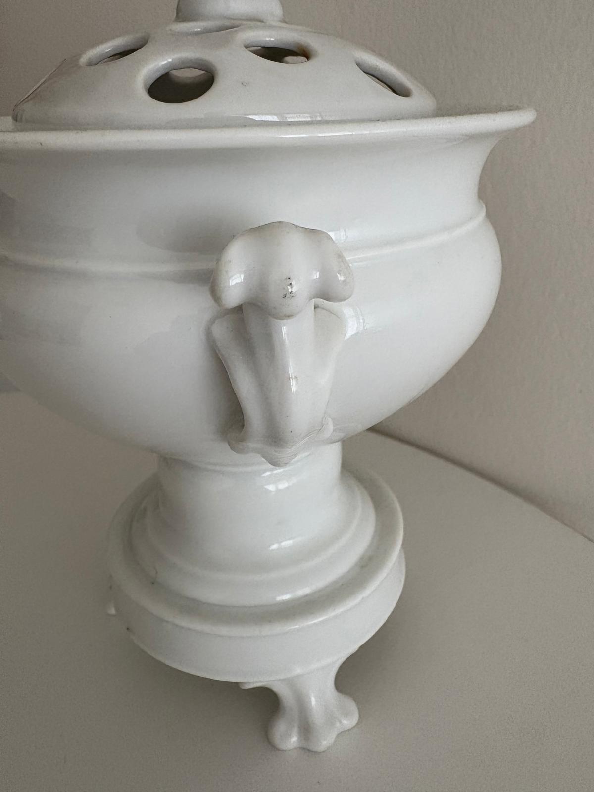 Vintage White Porcelain Potpourri Urn with Pierced Lid and Lady Finial - Collector & Curator