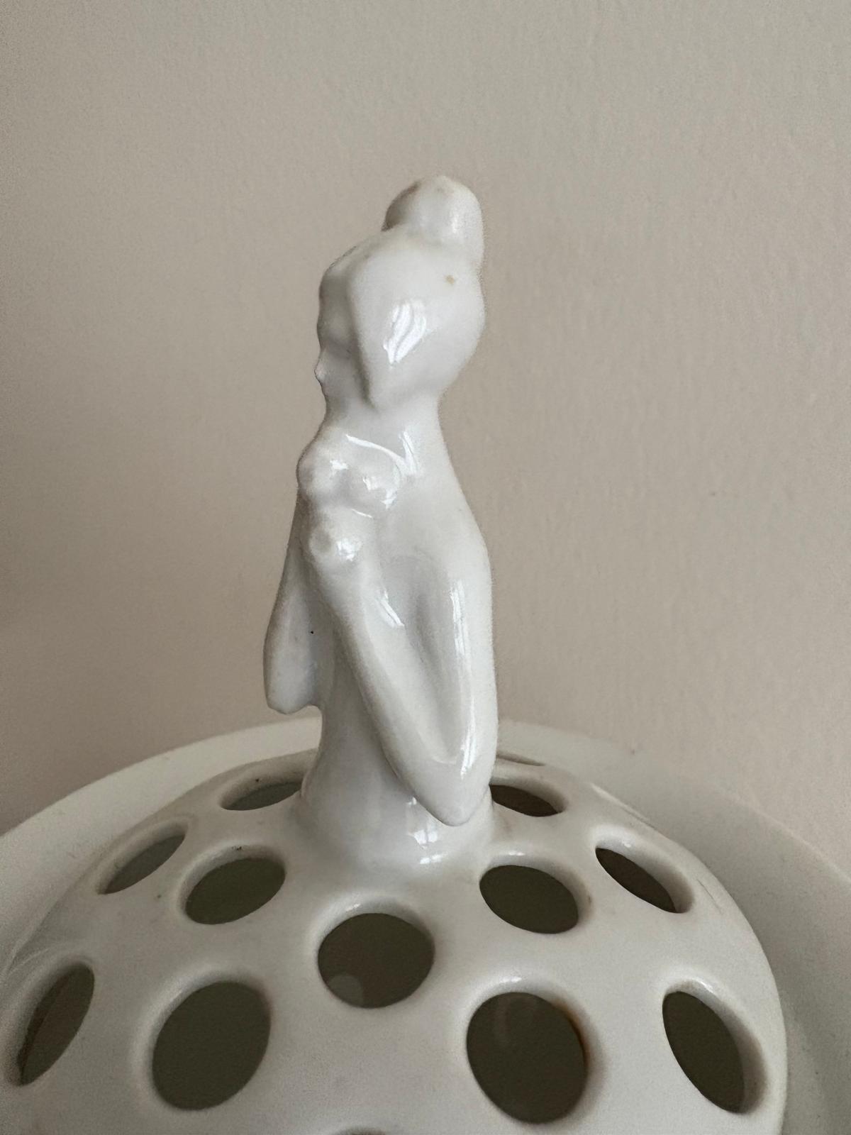Vintage White Porcelain Potpourri Urn with Pierced Lid and Lady Finial - Collector & Curator