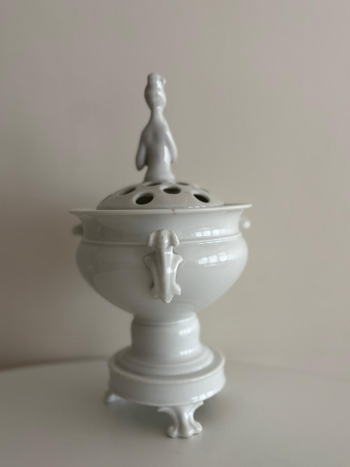 Vintage White Porcelain Potpourri Urn with Pierced Lid and Lady Finial - Collector & Curator