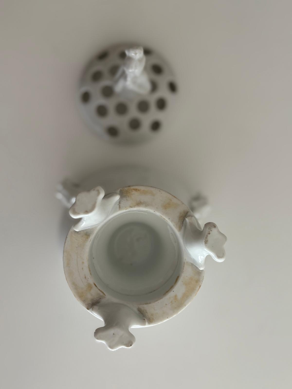 Vintage White Porcelain Potpourri Urn with Pierced Lid and Lady Finial - Collector & Curator