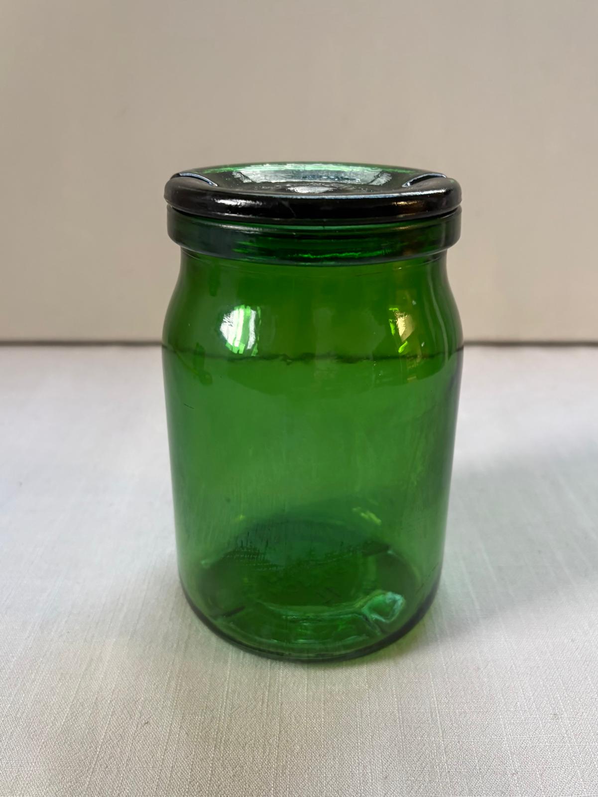 Green Glazed Gargoulette, Vintage Bülach Green Glass Jar with Lid"A","B" - Collector & Curator