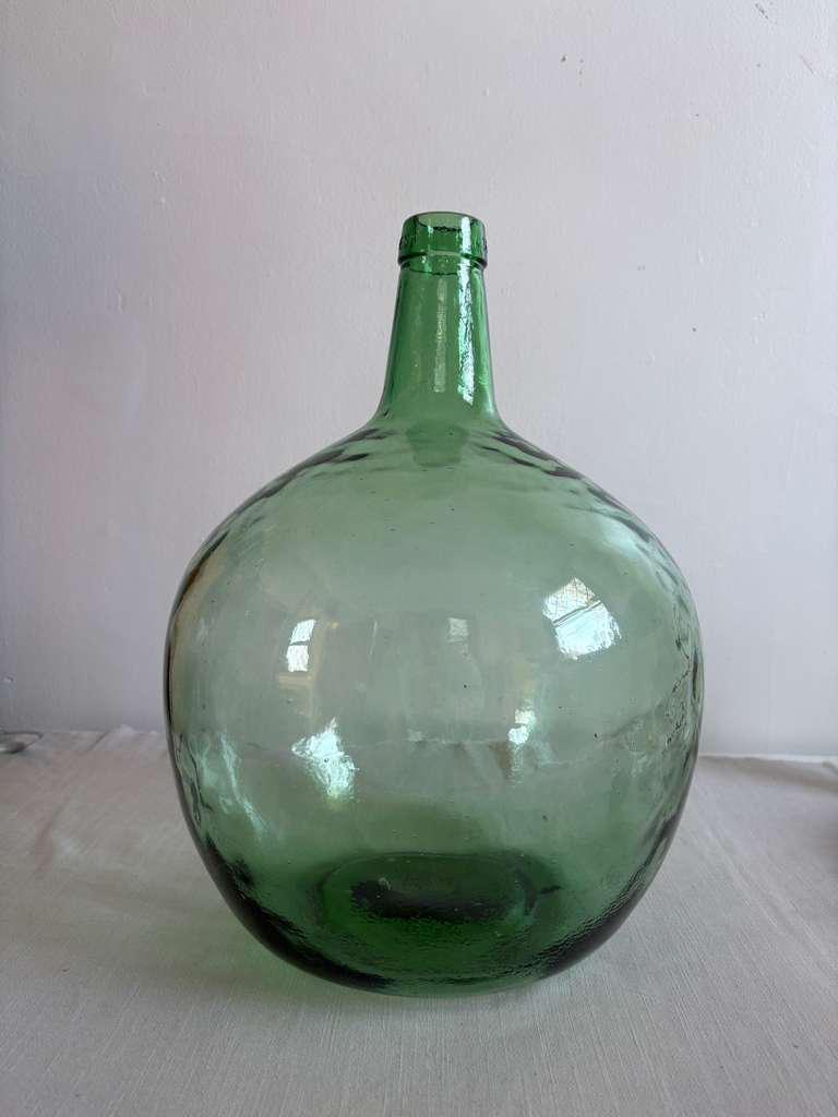 Large French Green Glass Demijohn Bottle, 17” Vintage Dame Jeanne, Hand Blown Wine Vessel - Collector & Curator