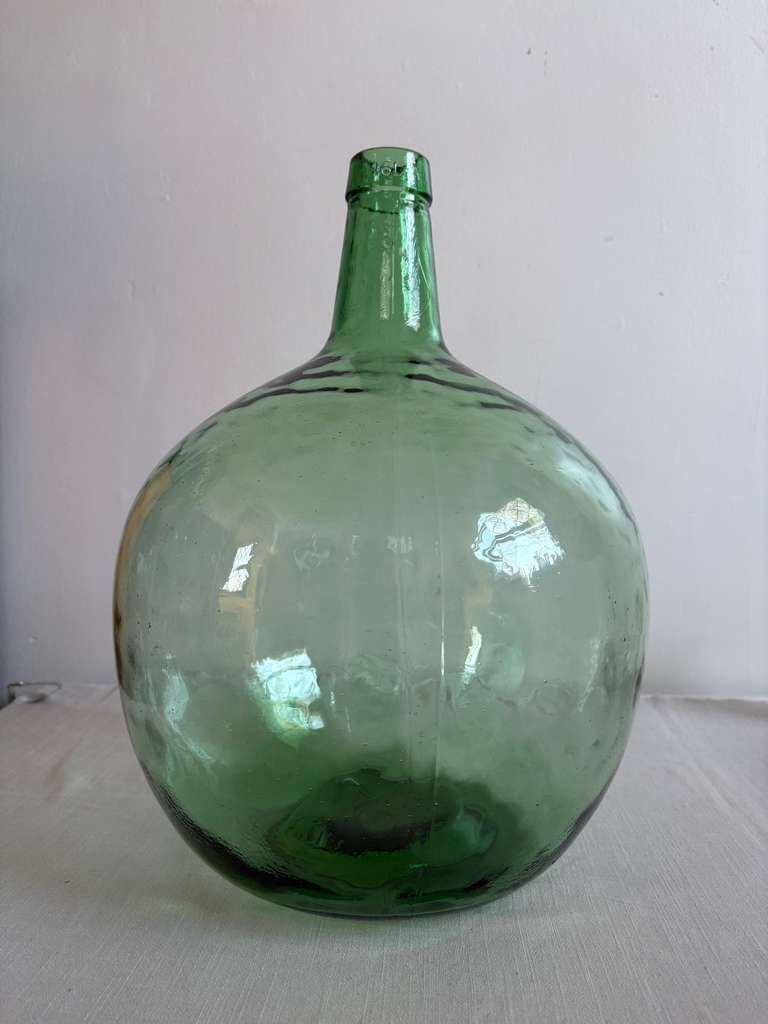 Large French Green Glass Demijohn Bottle, 17” Vintage Dame Jeanne, Hand Blown Wine Vessel - Collector & Curator