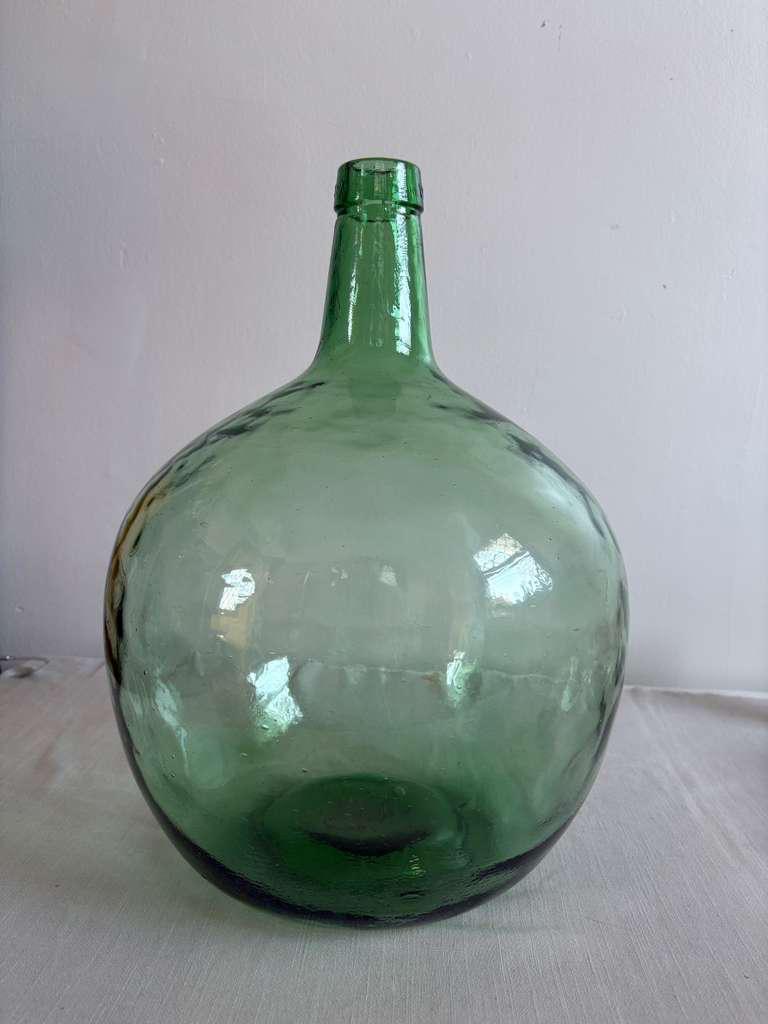 Large French Green Glass Demijohn Bottle, 17” Vintage Dame Jeanne, Hand Blown Wine Vessel - Collector & Curator