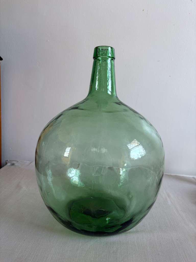 Large French Green Glass Demijohn Bottle, 17” Vintage Dame Jeanne, Hand Blown Wine Vessel - Collector & Curator