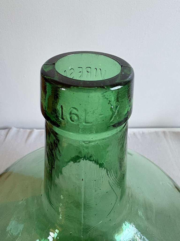 Large French Green Glass Demijohn Bottle, 17” Vintage Dame Jeanne, Hand Blown Wine Vessel - Collector & Curator