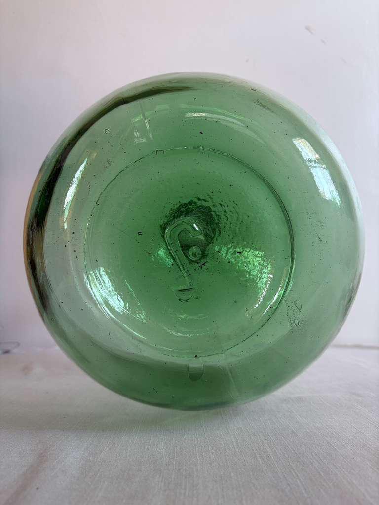 Large French Green Glass Demijohn Bottle, 17” Vintage Dame Jeanne, Hand Blown Wine Vessel - Collector & Curator