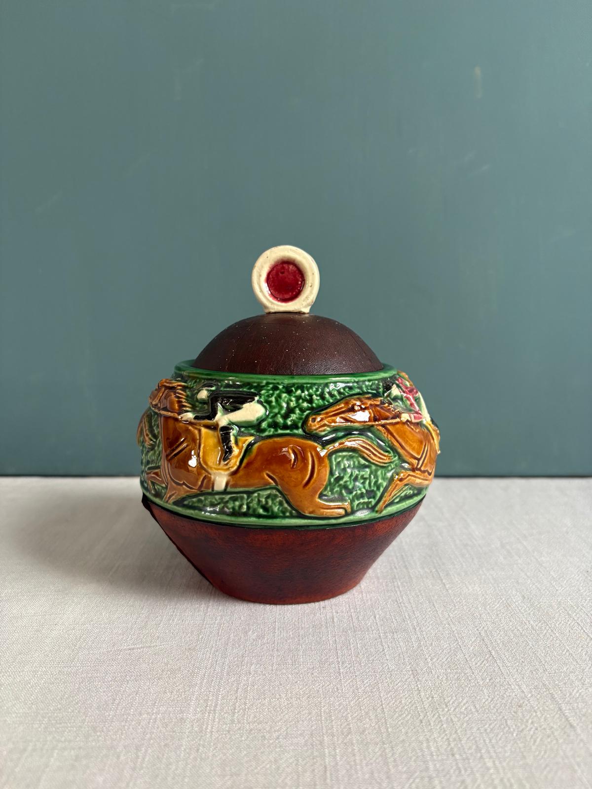 Vintage Jockey Tobacco Jar with Leather Wrap Lid, Figural Pipe Head - Collector & Curator