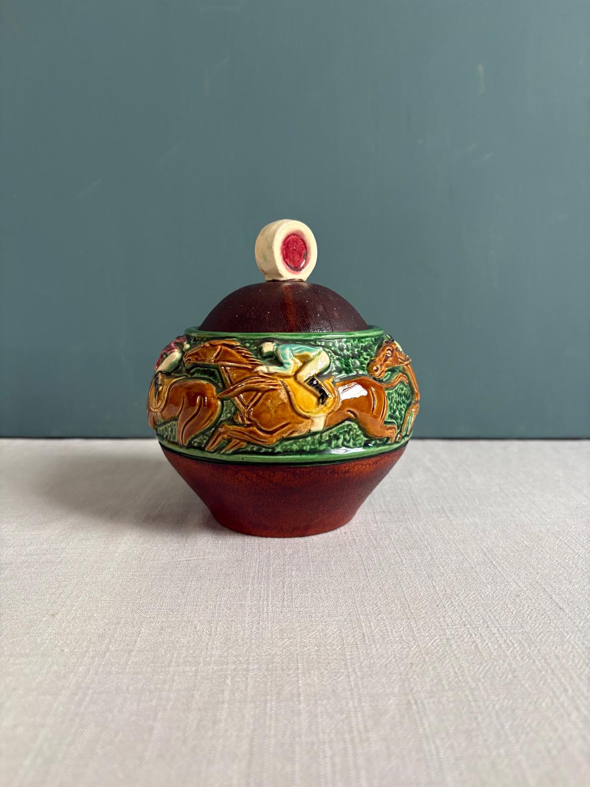 Vintage Jockey Tobacco Jar with Leather Wrap Lid, Figural Pipe Head - Collector & Curator
