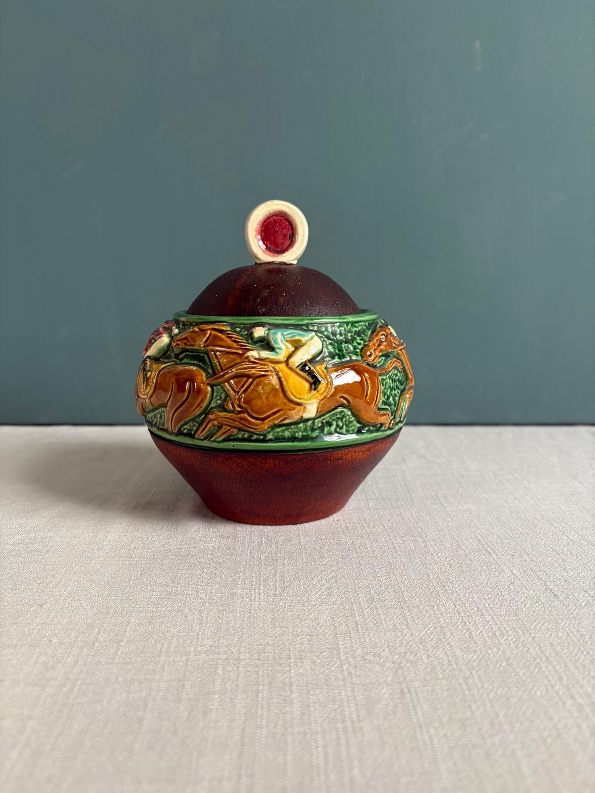 Vintage Jockey Tobacco Jar with Leather Wrap Lid, Figural Pipe Head - Collector & Curator