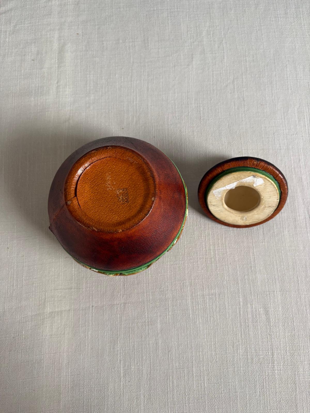 Vintage Jockey Tobacco Jar with Leather Wrap Lid, Figural Pipe Head - Collector & Curator