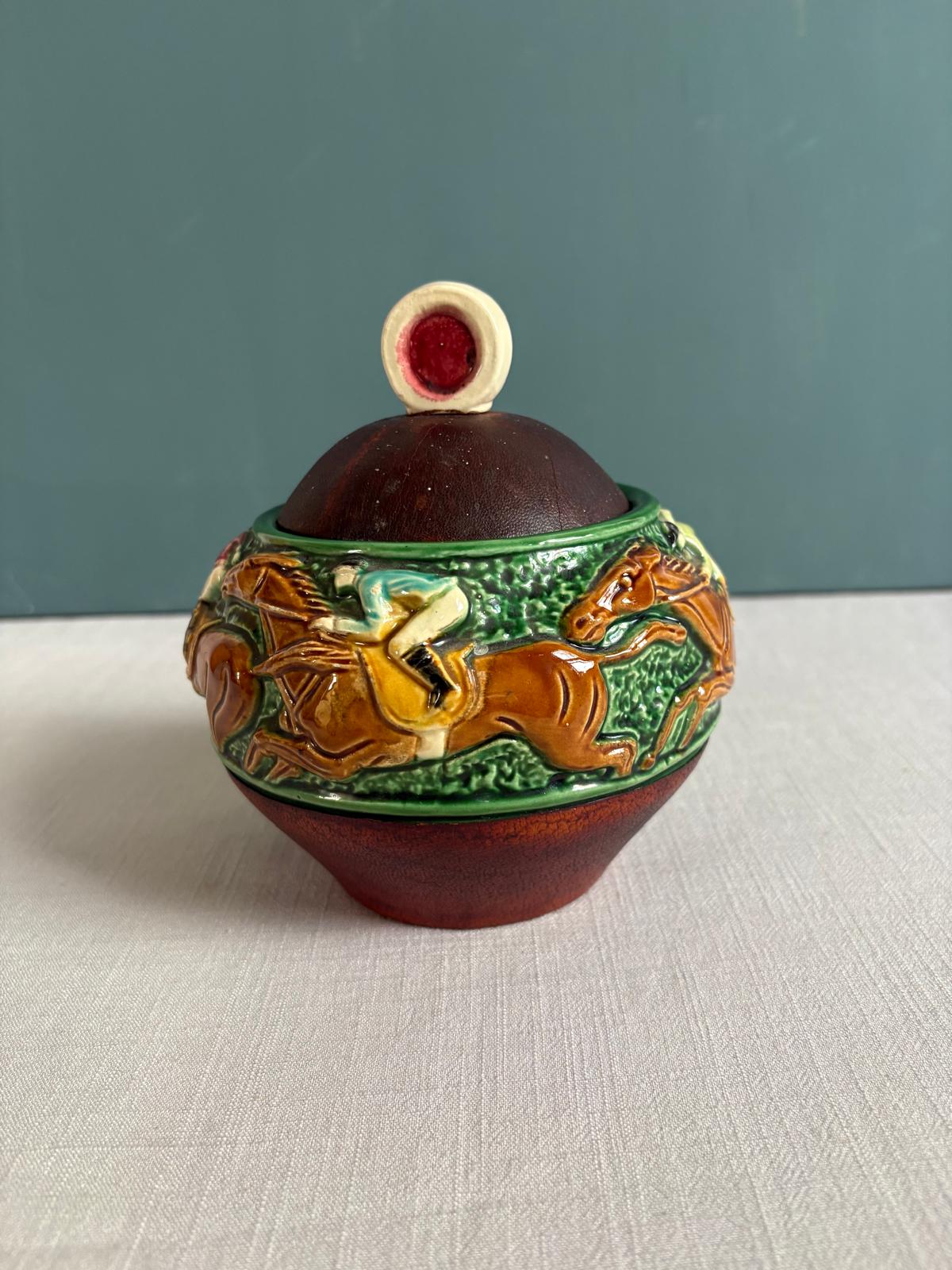 Vintage Jockey Tobacco Jar with Leather Wrap Lid, Figural Pipe Head - Collector & Curator