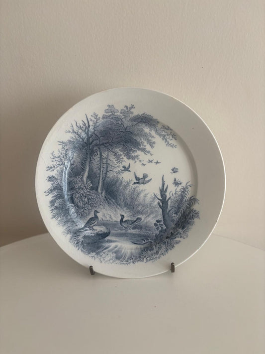 Antique Sarreguemines “Sylva”  Plate Blue Transferware Ducks "D"