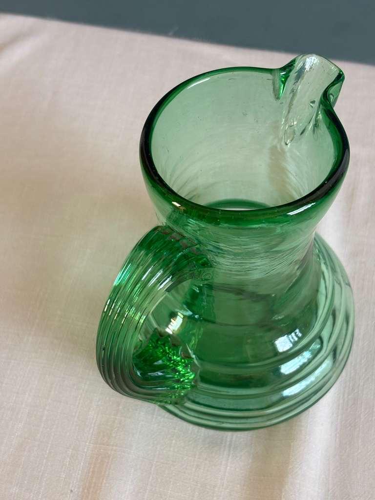 Vintage Green Hand Blown Glass Pitcher Ribbed Base Applied Handle Rustic French Style Jug - Collector & Curator