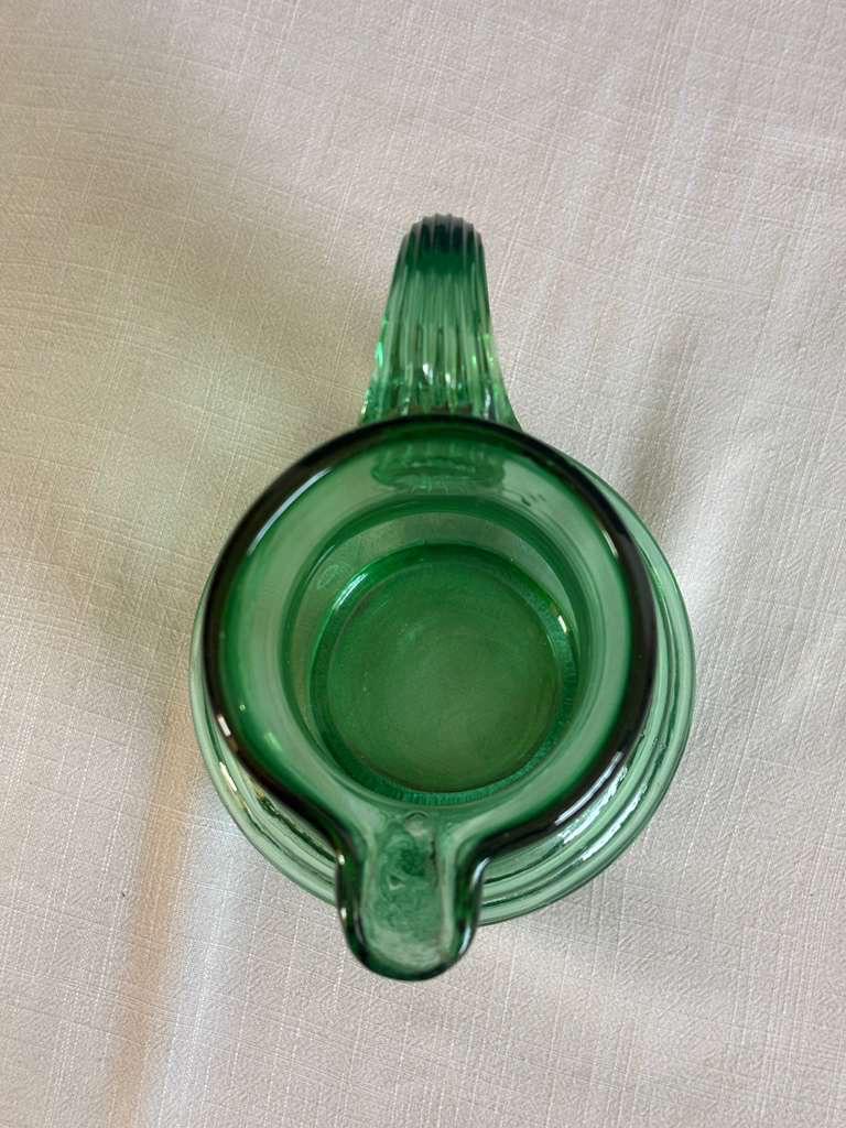 Vintage Green Hand Blown Glass Pitcher Ribbed Base Applied Handle Rustic French Style Jug - Collector & Curator