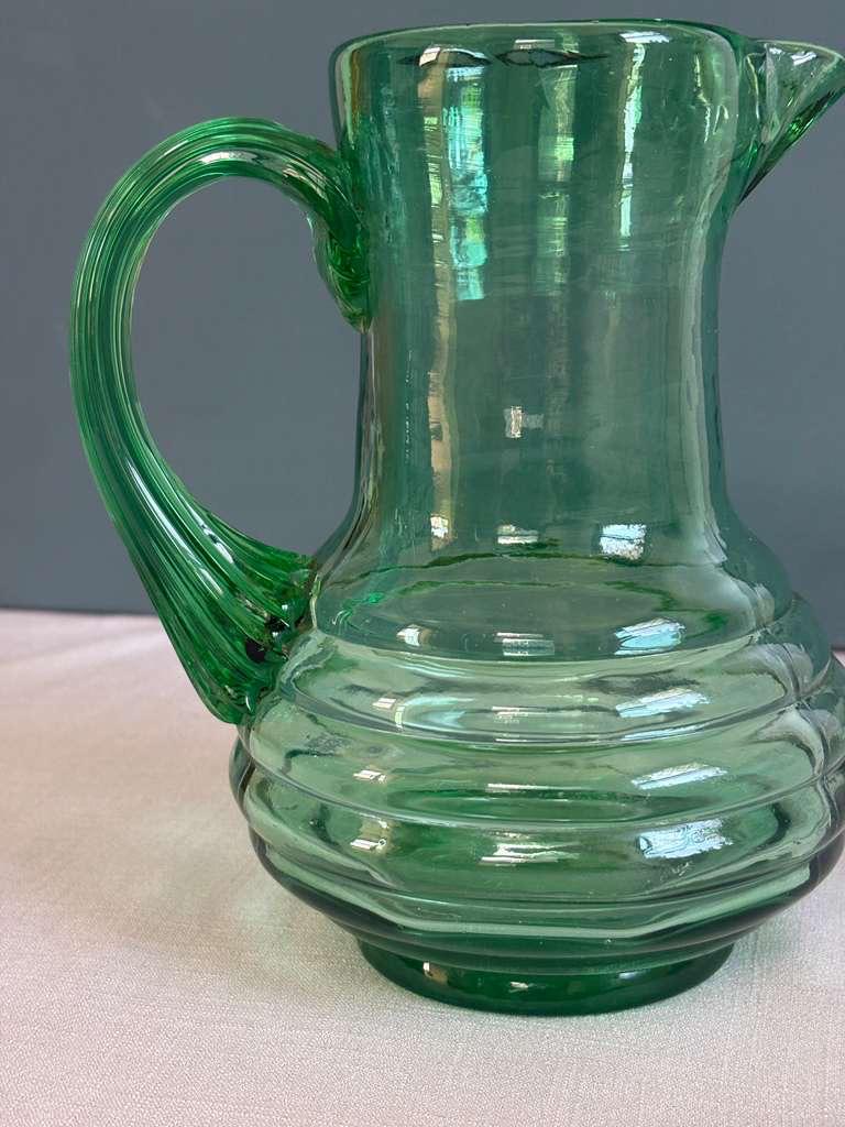 Vintage Green Hand Blown Glass Pitcher Ribbed Base Applied Handle Rustic French Style Jug - Collector & Curator