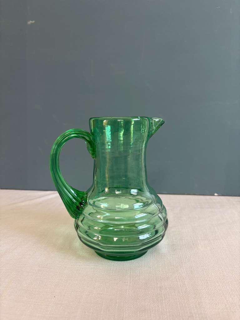 Vintage Green Hand Blown Glass Pitcher Ribbed Base Applied Handle Rustic French Style Jug - Collector & Curator