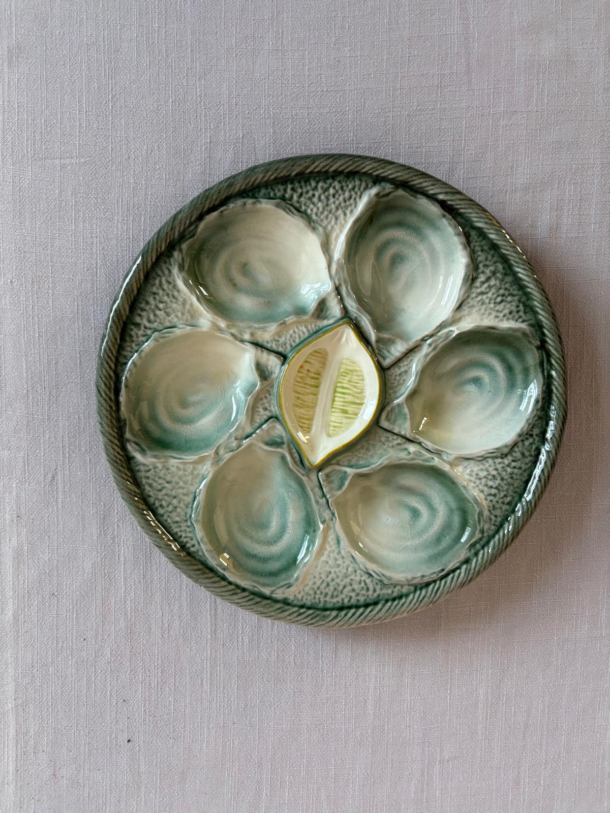 Saint-Clément Majolica Oyster Plate,  L.C. & Cie Mehun White Oyster Plate, Salins France Oyster Plate - Collector & Curator