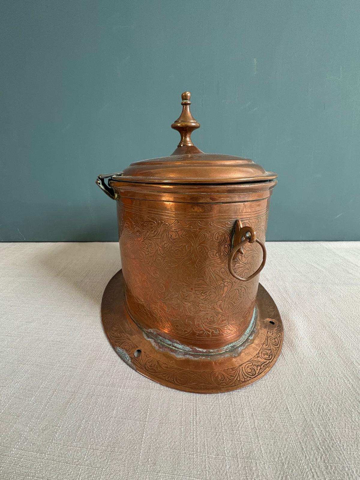 Engraved Copper Brazier Charbonnière with Lid and Handles - Collector & Curator