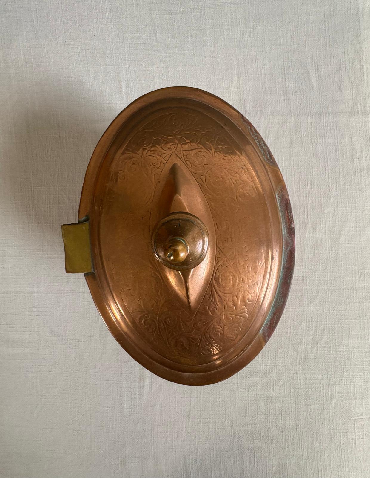 Engraved Copper Brazier Charbonnière with Lid and Handles - Collector & Curator