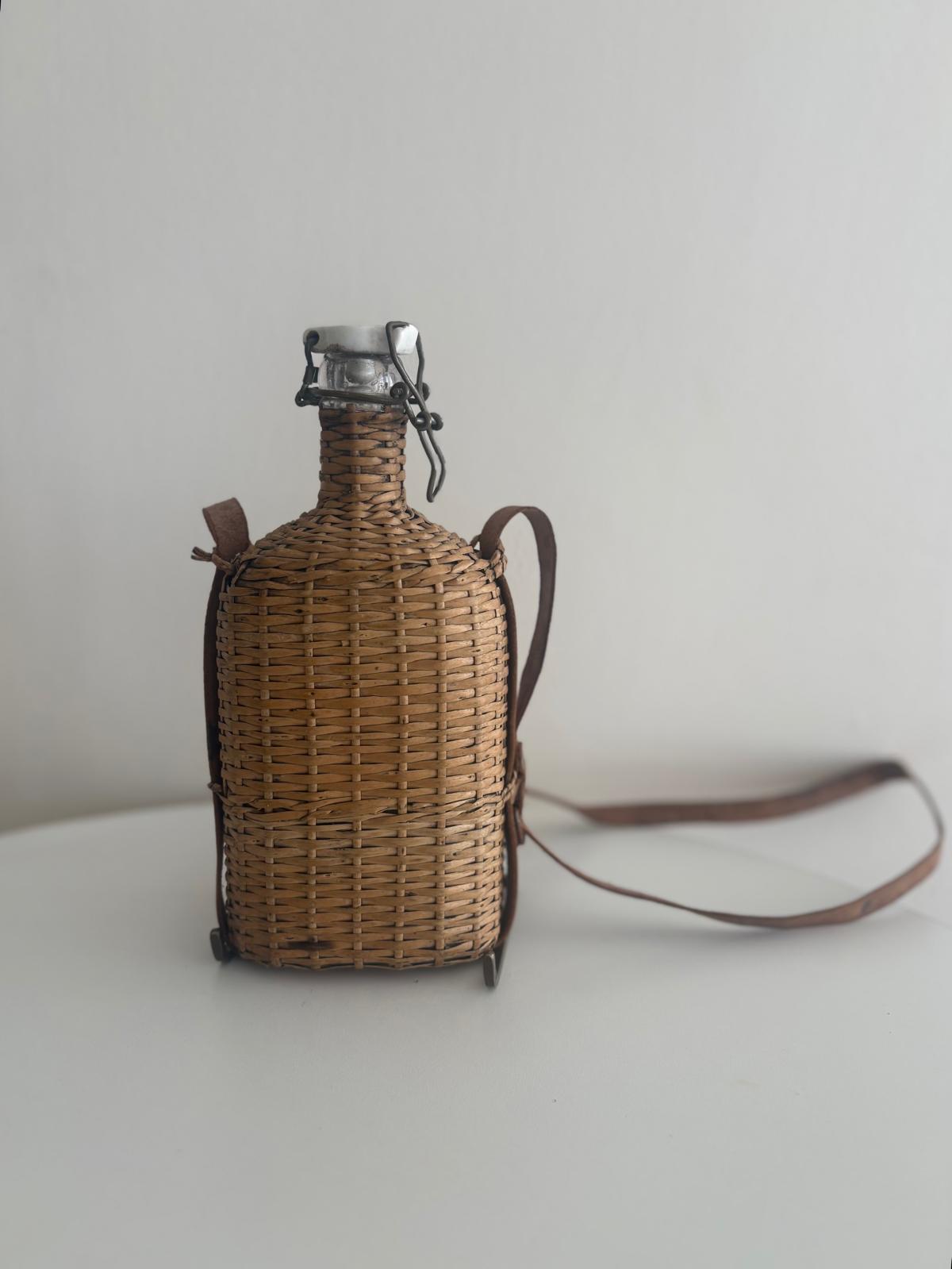 Rattan Covered Bottle Leather Strap Ceramic Strap & Grey Poupon Dijon mustard Pot - Collector & Curator