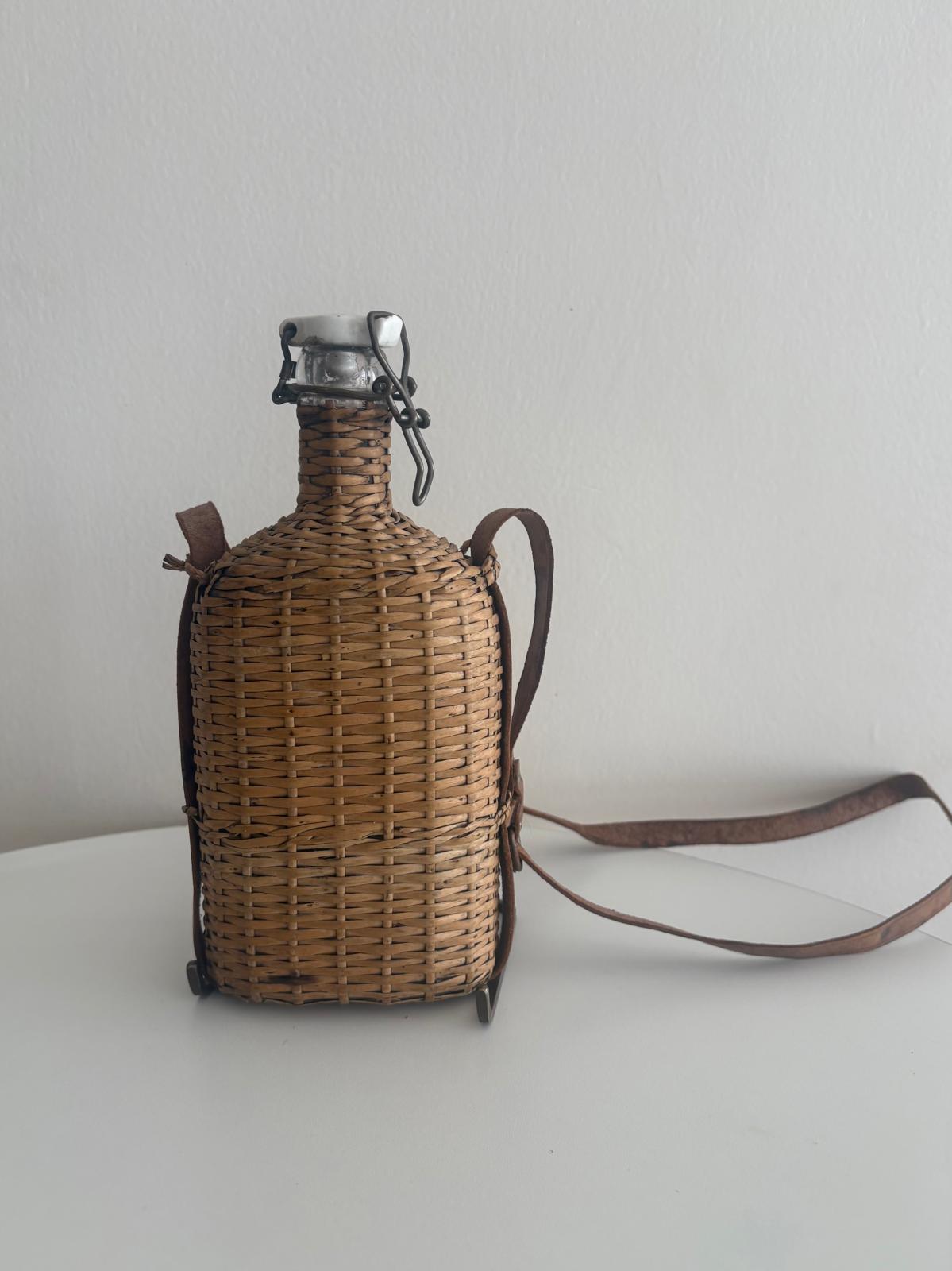 Rattan Covered Bottle Leather Strap Ceramic Strap & Grey Poupon Dijon mustard Pot - Collector & Curator