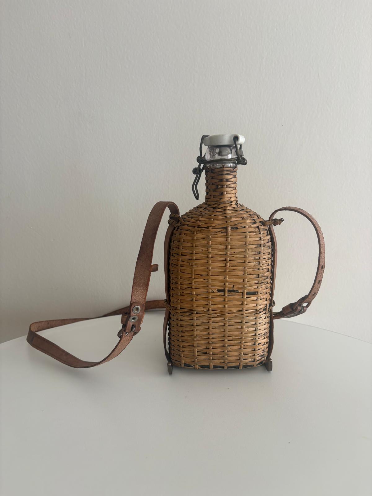 Rattan Covered Bottle Leather Strap Ceramic Strap & Grey Poupon Dijon mustard Pot - Collector & Curator