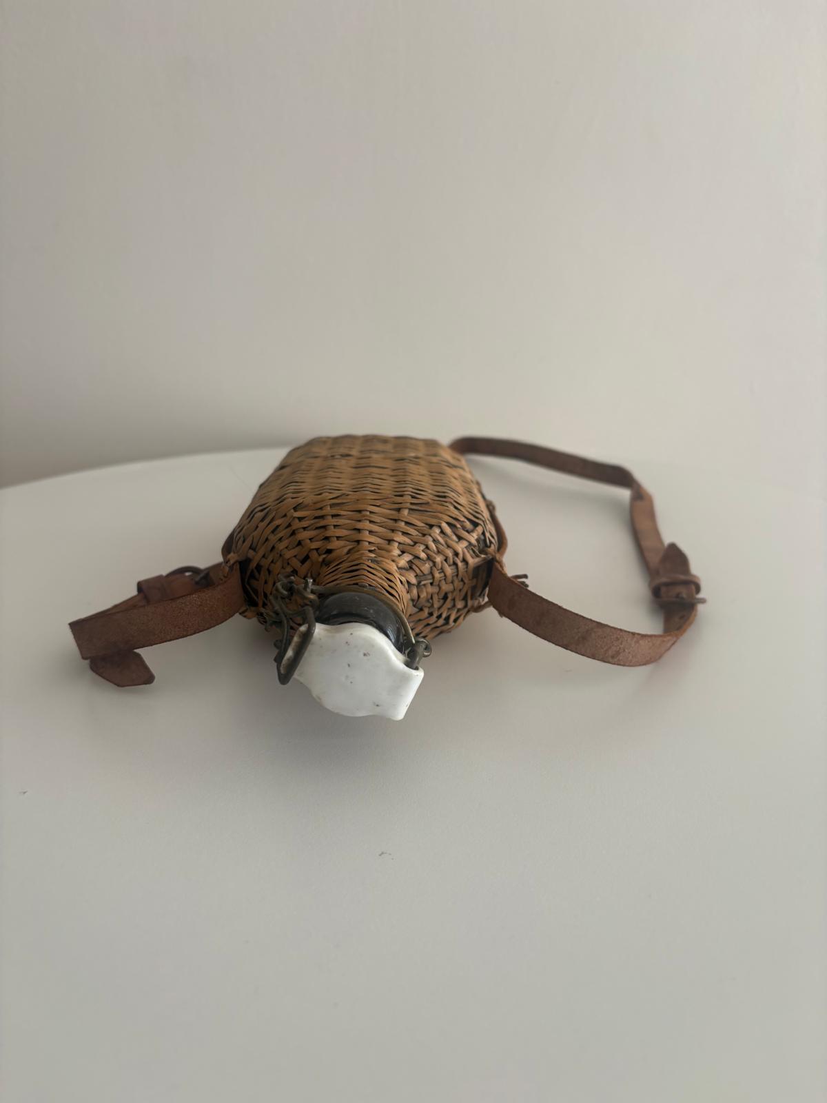 Rattan Covered Bottle Leather Strap Ceramic Strap & Grey Poupon Dijon mustard Pot - Collector & Curator