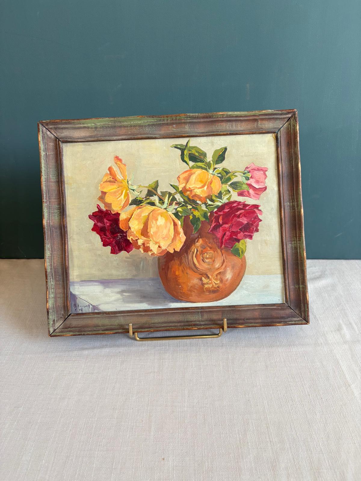 Vintage French Floral Still Life Oil Painting Roses in Copper Vase; French Gilt Bronze Wall Ornament, - Collector & Curator