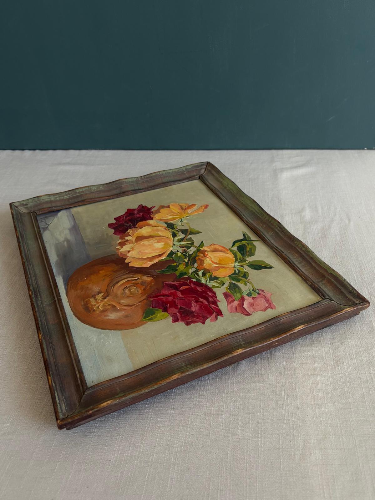 Vintage French Floral Still Life Oil Painting Roses in Copper Vase; French Gilt Bronze Wall Ornament, - Collector & Curator