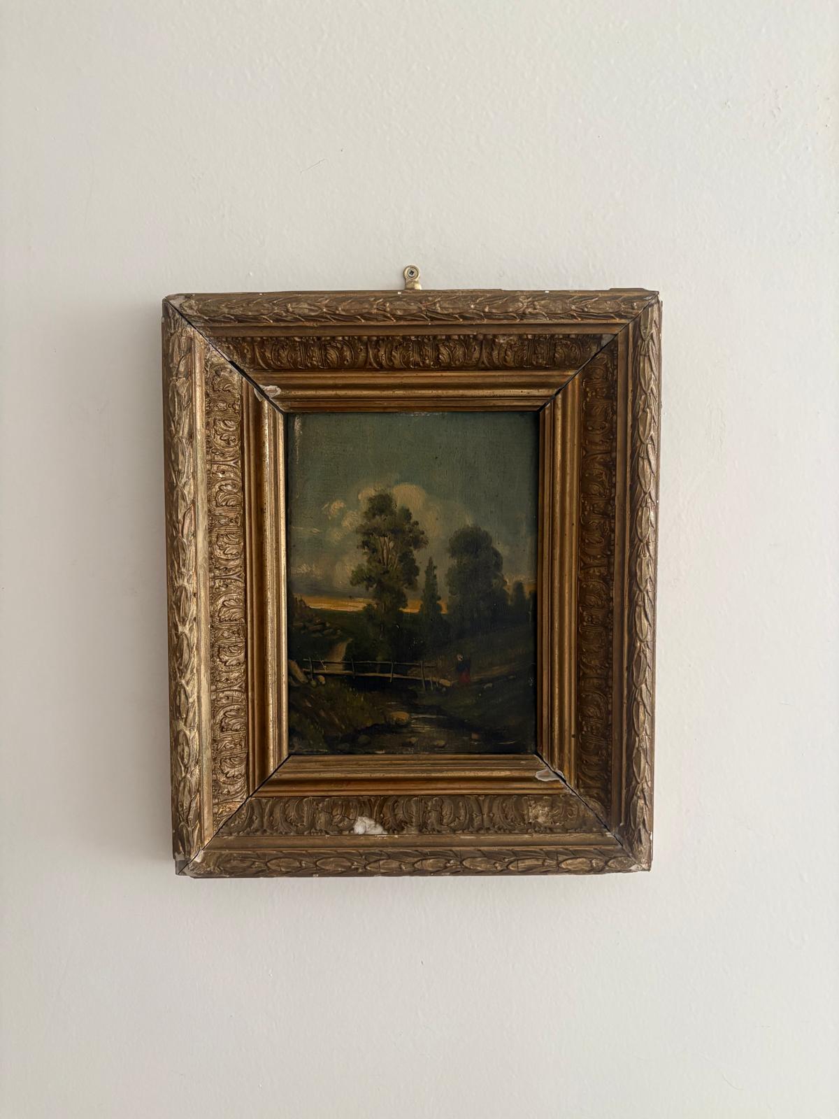Antique Landscape Oil Painting on Wood Panel with Gilt Frame, Bridge Scene, c. 1900 - Collector & Curator