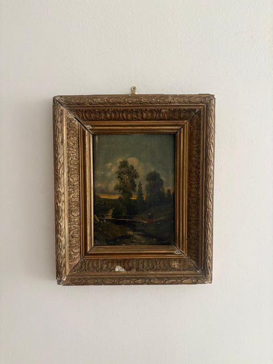 Antique Landscape Oil Painting on Wood Panel with Gilt Frame, Bridge Scene, c. 1900 - Collector & Curator