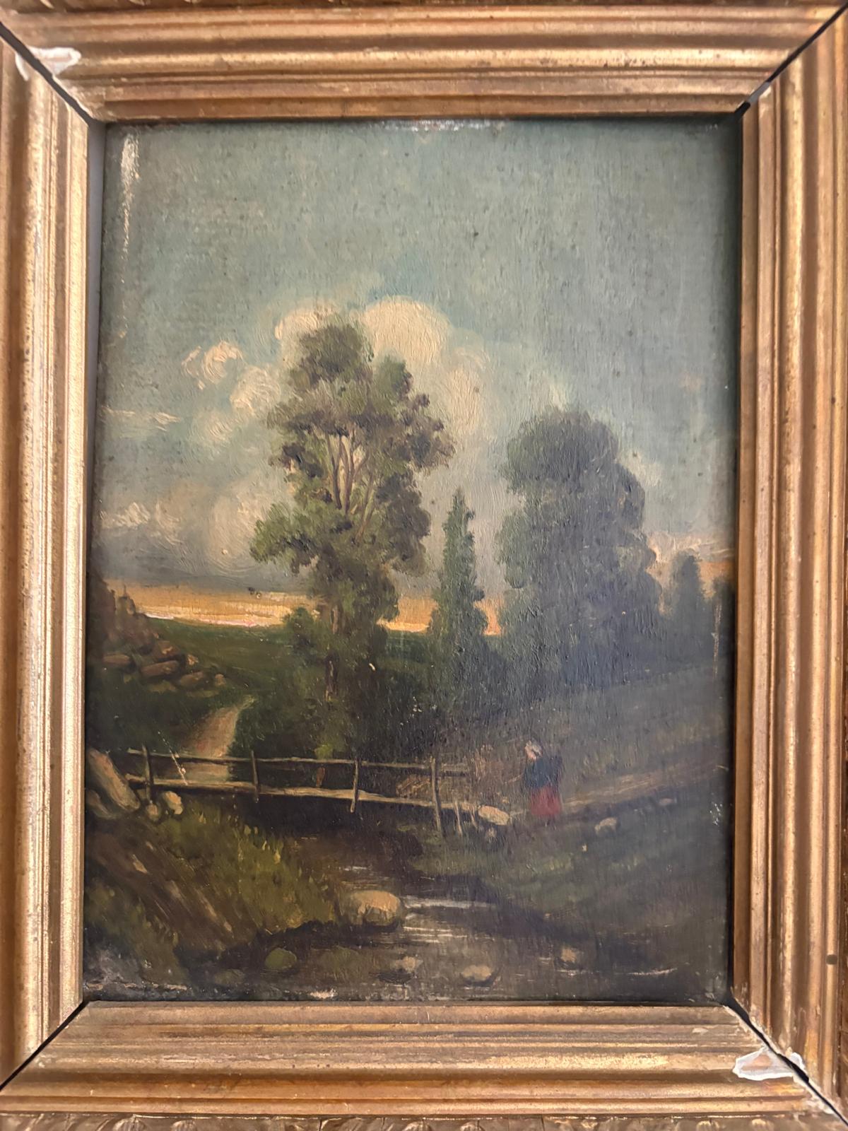 Antique Landscape Oil Painting on Wood Panel with Gilt Frame, Bridge Scene, c. 1900 - Collector & Curator
