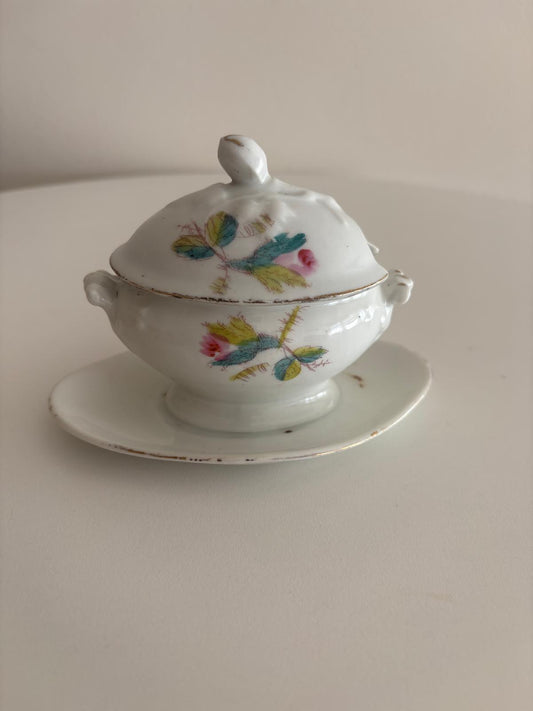 Antique French Porcelain Mustard Pot with Roses