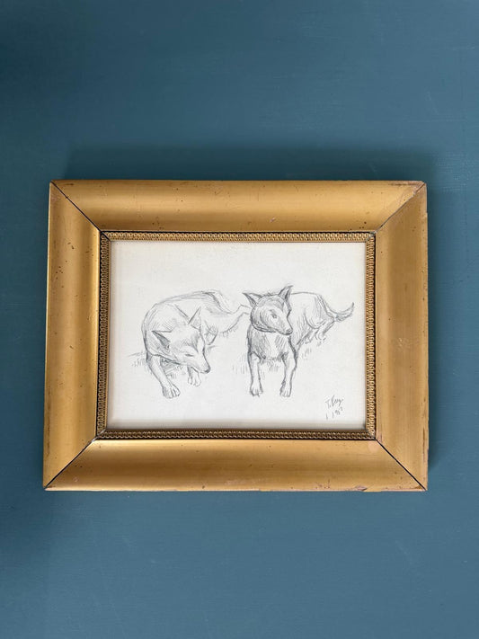 French Champagne Bottle Mustard Jar "C"; Dog Sketch in Gold Wood Frame; Vintage Signed Reidel Hand Colored Etching of Mont Saint Michel - Collector & Curator