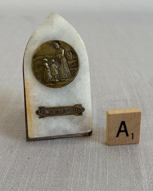 Antique French Alabaster  “Souvenir de La Salette” Plaque; B. French Onyx & Metal “Rosa Mystica”  Devotional Plaque by Dropsy;  H. French Madonna Plaque  on Alabaster Stand