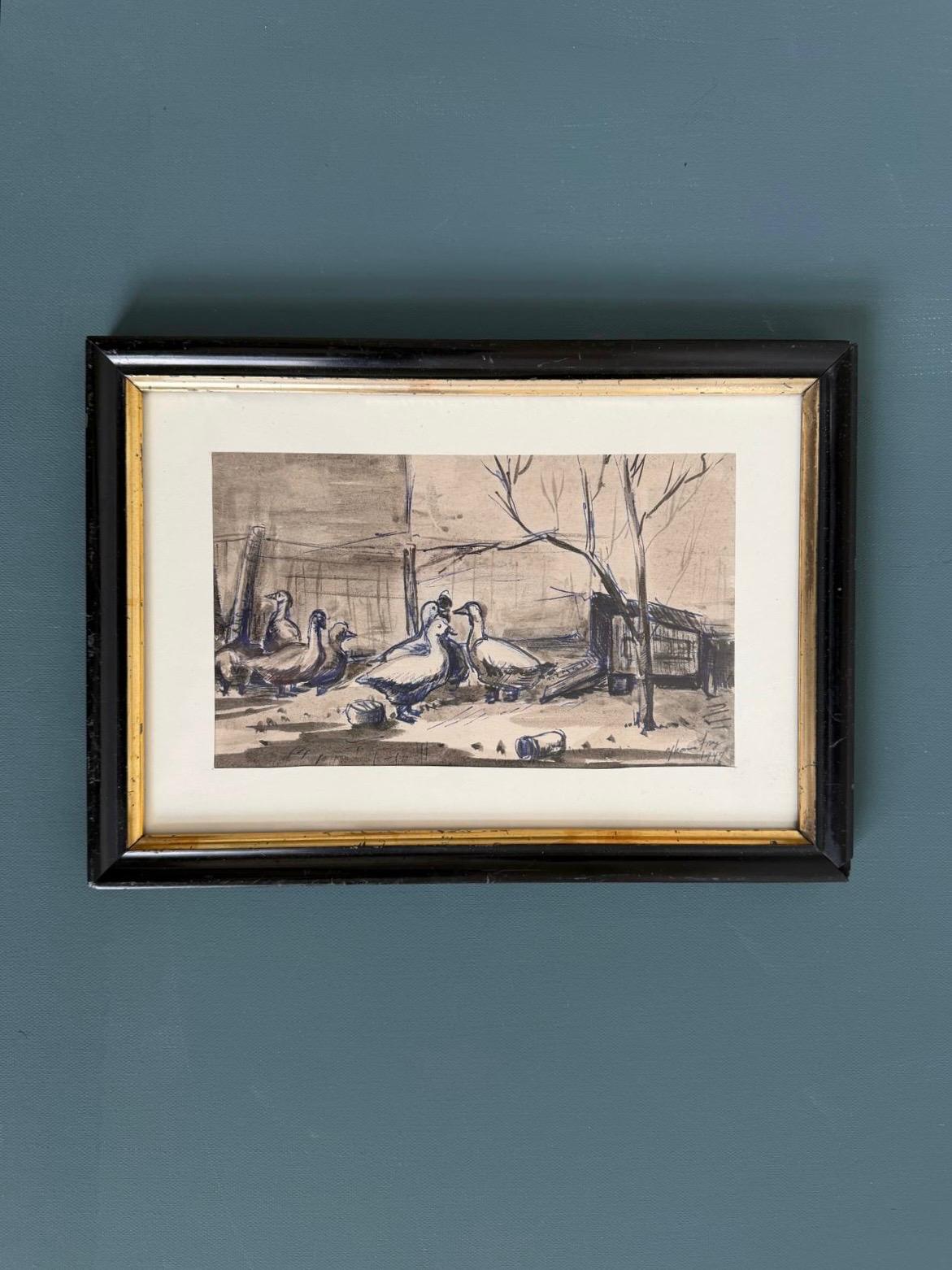 Vintage Framed Farmyard Goose Drawing; 3 Vintage Gilt Floral Curtain Clip Tieback - Collector & Curator