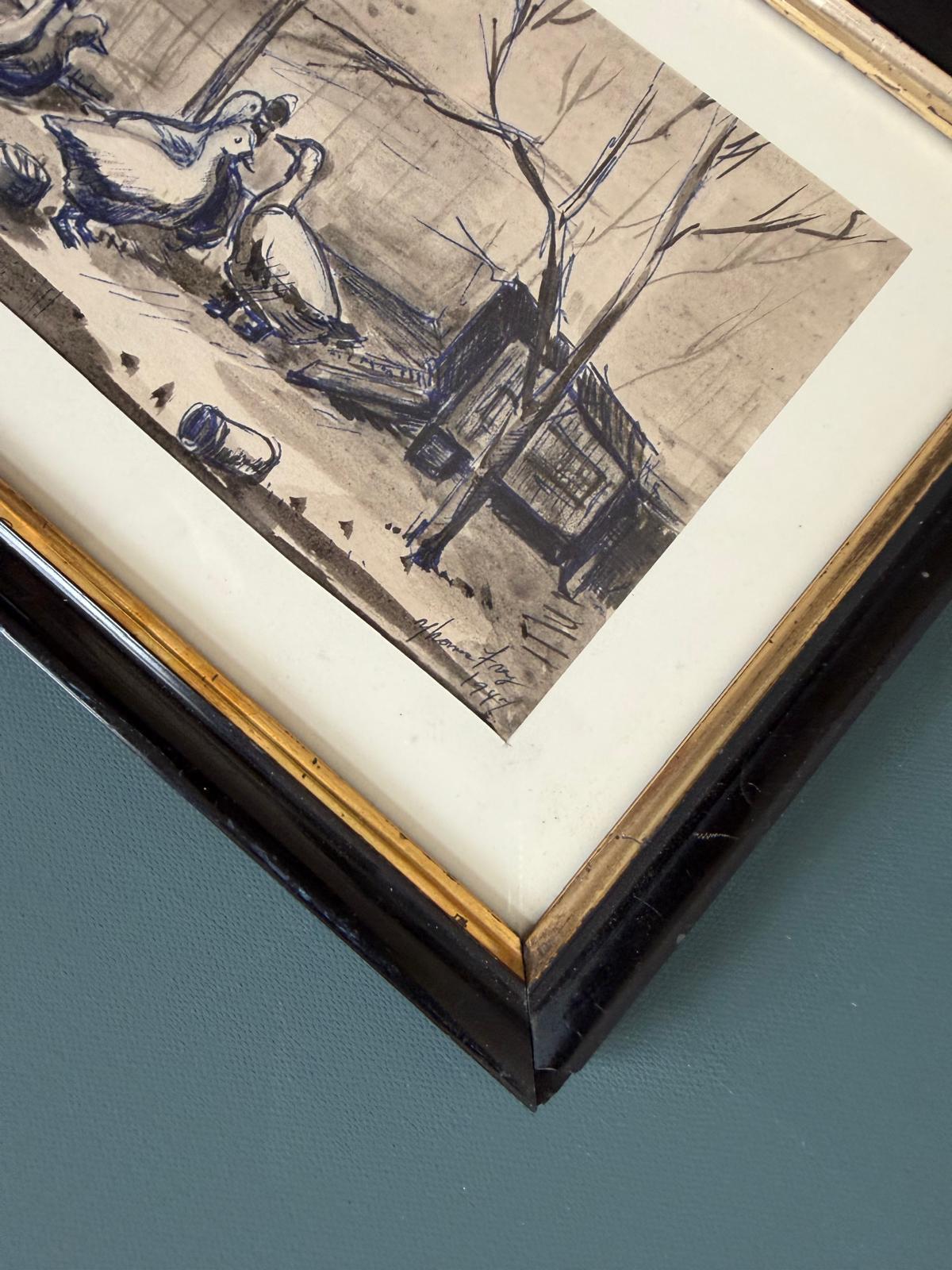 Vintage Framed Farmyard Goose Drawing; 3 Vintage Gilt Floral Curtain Clip Tieback - Collector & Curator