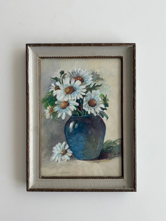 Vintage Framed Watercolor Floral Still Life with Daisies in Blue Vase - Collector & Curator
