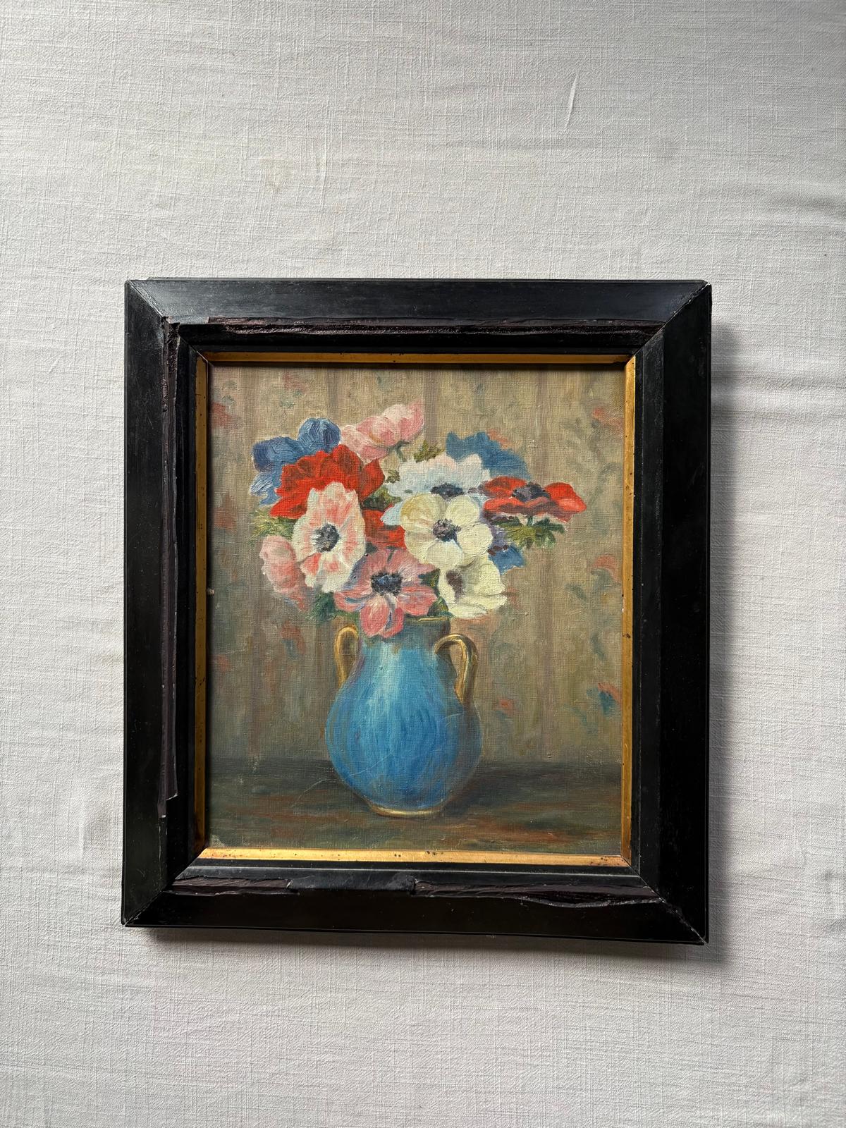 Vintage Oil Painting of Anemones in Blue Vase - Collector & Curator