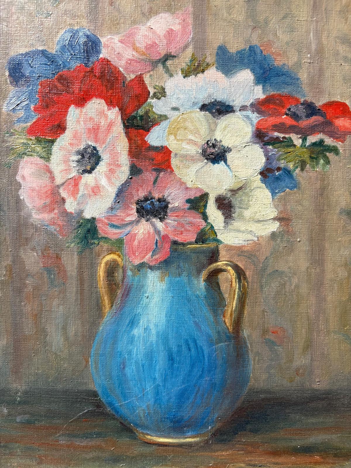 Vintage Oil Painting of Anemones in Blue Vase - Collector & Curator