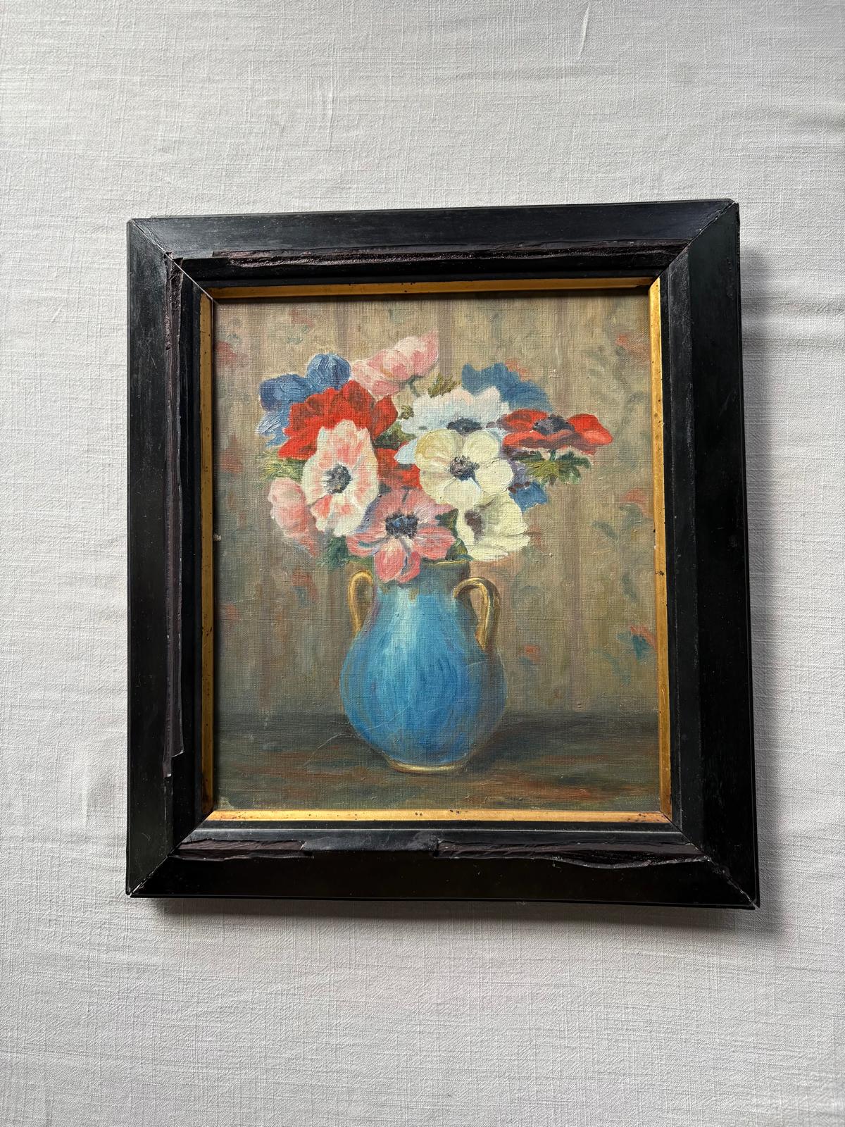 Vintage Oil Painting of Anemones in Blue Vase - Collector & Curator