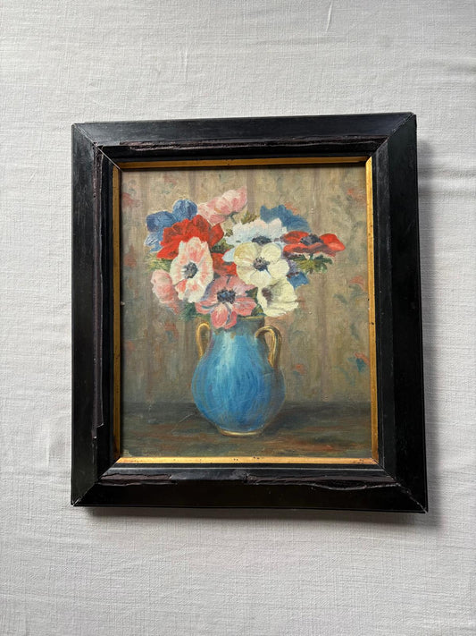 Vintage Oil Painting of Anemones in Blue Vase - Collector & Curator