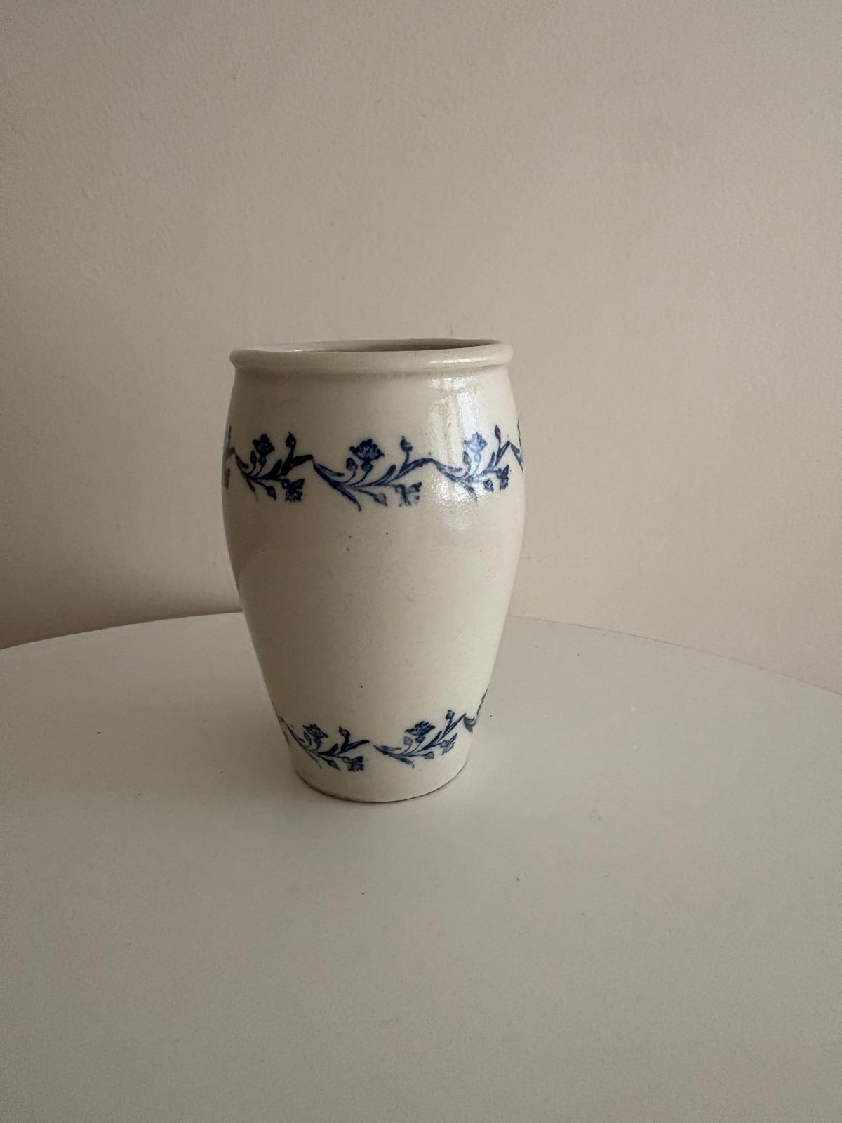 Antique French Cream Glazed Rillettes Pot with Blue Floral Bands - Collector & Curator